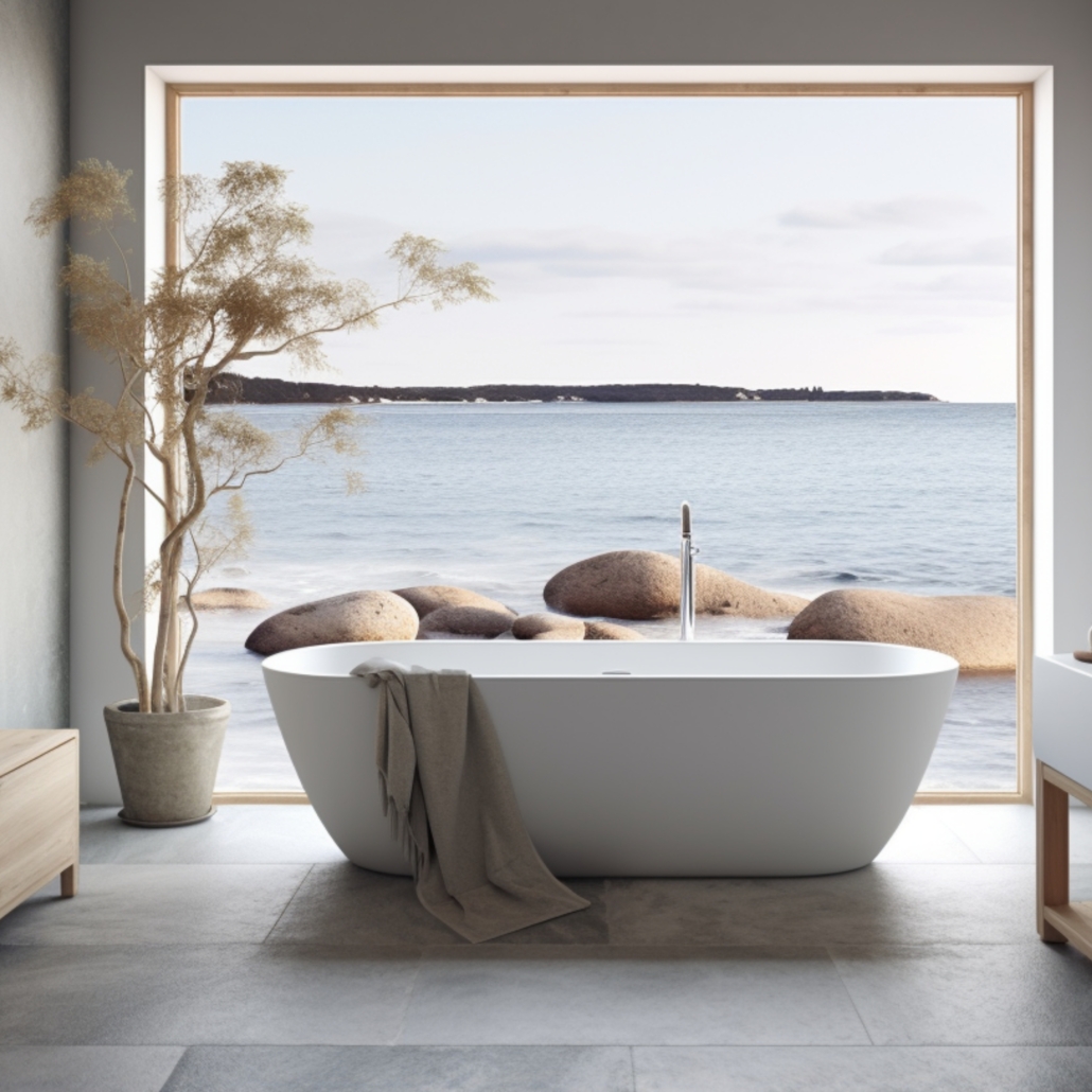 Bathroom Tub , A free-standing bathtub in a Nordic coastal bathroom, framed against a window that offers an ocean view