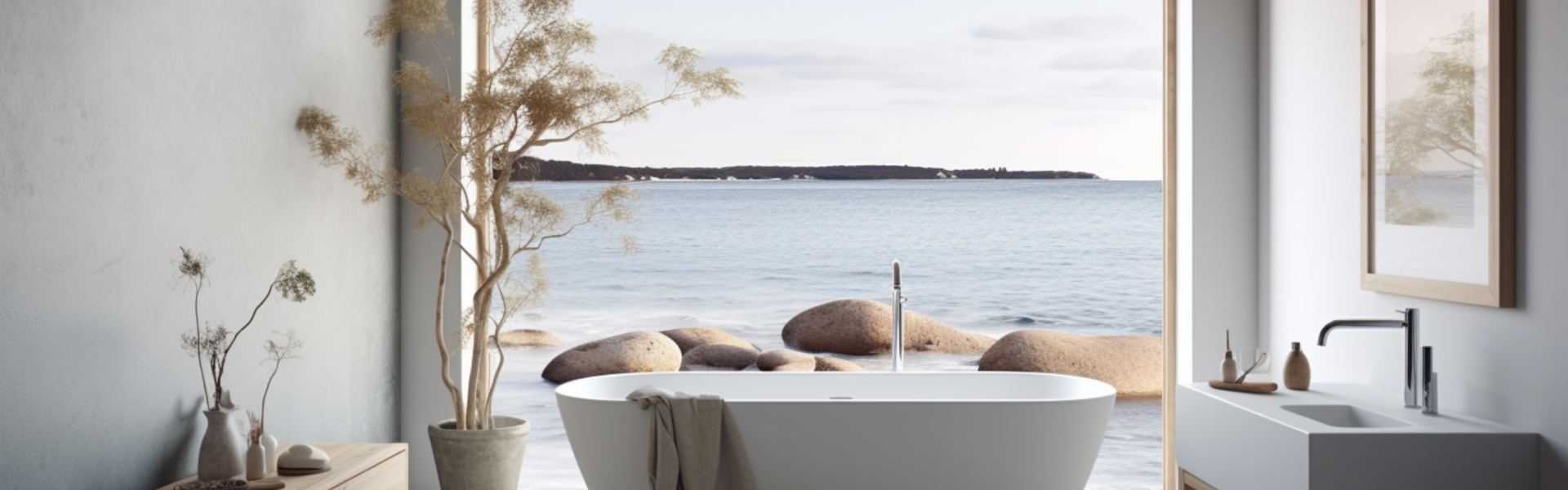 Bathroom Tub , A free-standing bathtub in a Nordic coastal bathr